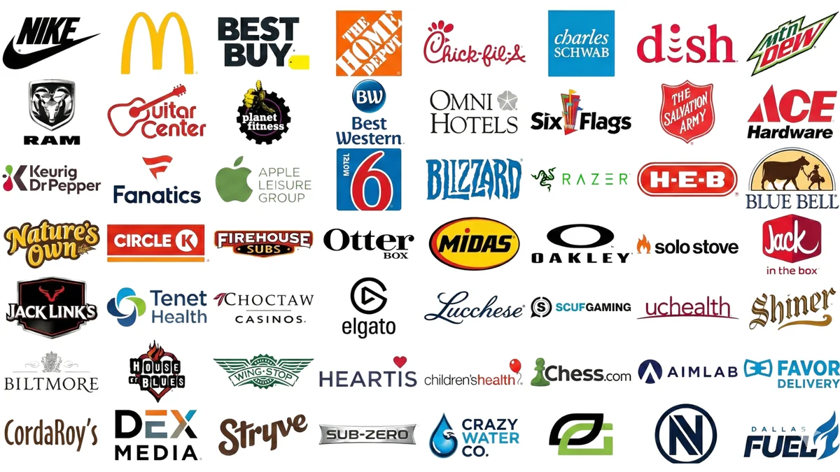 Brand logos including Nike, McDonald's, Best Buy, Home Depot, Chick-fil-A, Charles Schwab, Dish, RAM, Guitar Center, Planet Fitness, and many more major brands